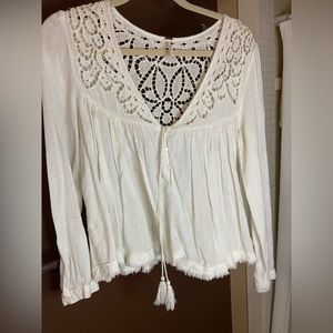 Free People Baby Doll Open Lace Tasseled Smocked Blouse